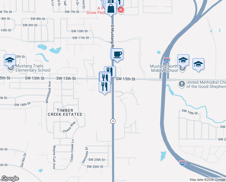 map of restaurants, bars, coffee shops, grocery stores, and more near 2004 South Mustang Road in Yukon