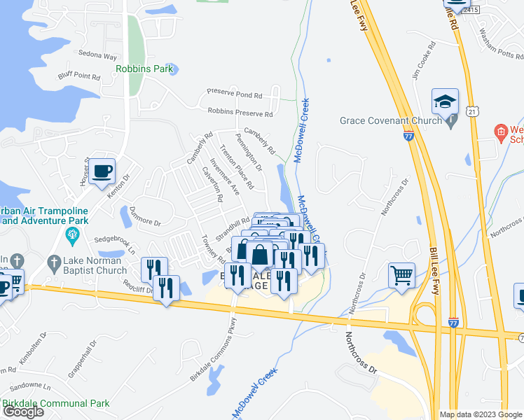 map of restaurants, bars, coffee shops, grocery stores, and more near 8321 Strandhill Road in Huntersville