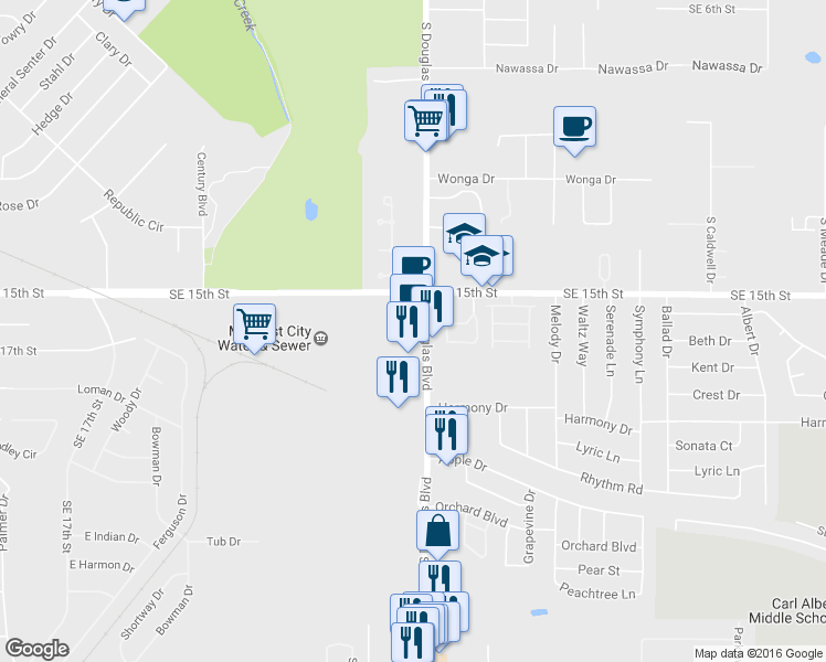 map of restaurants, bars, coffee shops, grocery stores, and more near 1621 South Douglas Boulevard in Oklahoma City