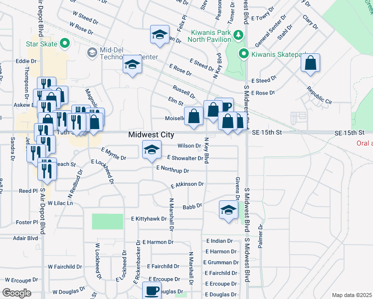 map of restaurants, bars, coffee shops, grocery stores, and more near 417 East Showalter Drive in Midwest City