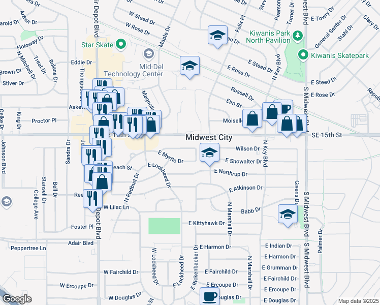 map of restaurants, bars, coffee shops, grocery stores, and more near 1101 North Myrtle Lane in Midwest City