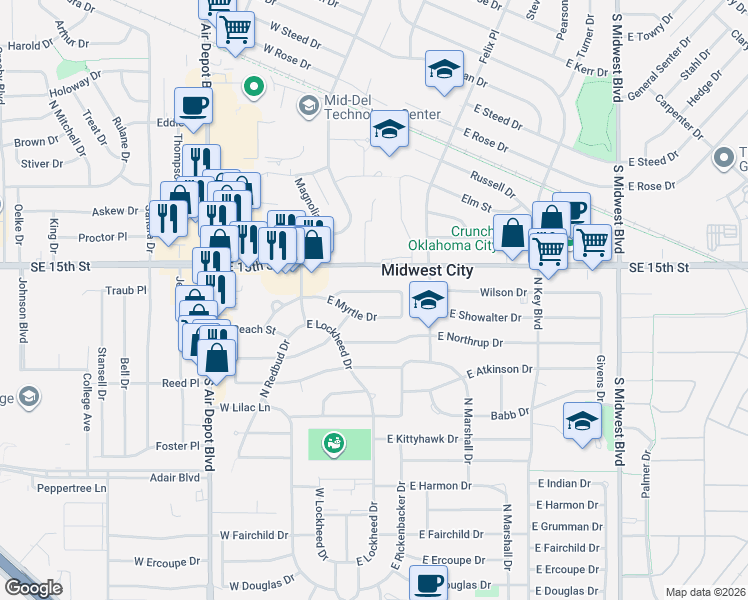 map of restaurants, bars, coffee shops, grocery stores, and more near 213 East Myrtle Drive in Midwest City