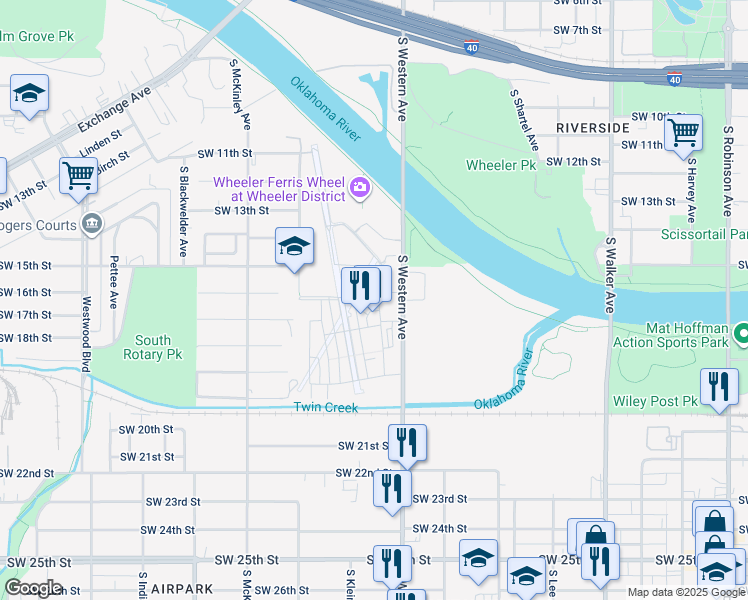 map of restaurants, bars, coffee shops, grocery stores, and more near 1701 South Western Avenue in Oklahoma City