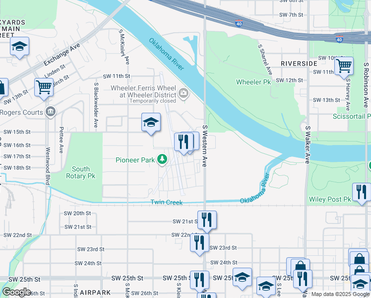 map of restaurants, bars, coffee shops, grocery stores, and more near 1701 South Western Avenue in Oklahoma City