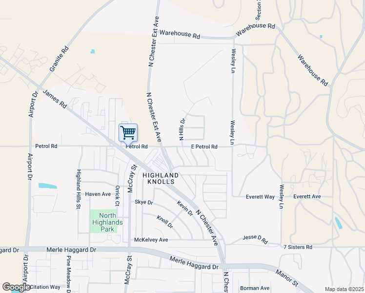map of restaurants, bars, coffee shops, grocery stores, and more near East Petrol Road & North Hills Drive in Bakersfield