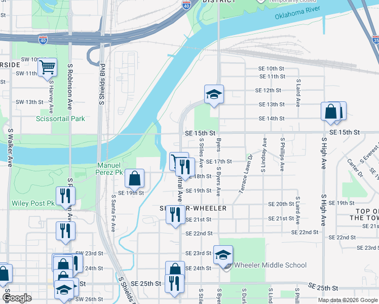 map of restaurants, bars, coffee shops, grocery stores, and more near 315 Southeast 17th Street in Oklahoma City