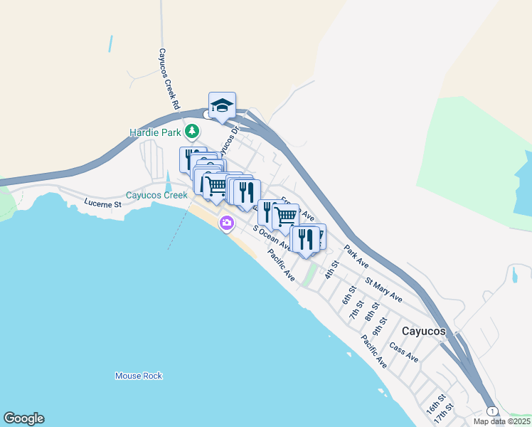 map of restaurants, bars, coffee shops, grocery stores, and more near 151 F Street in Cayucos