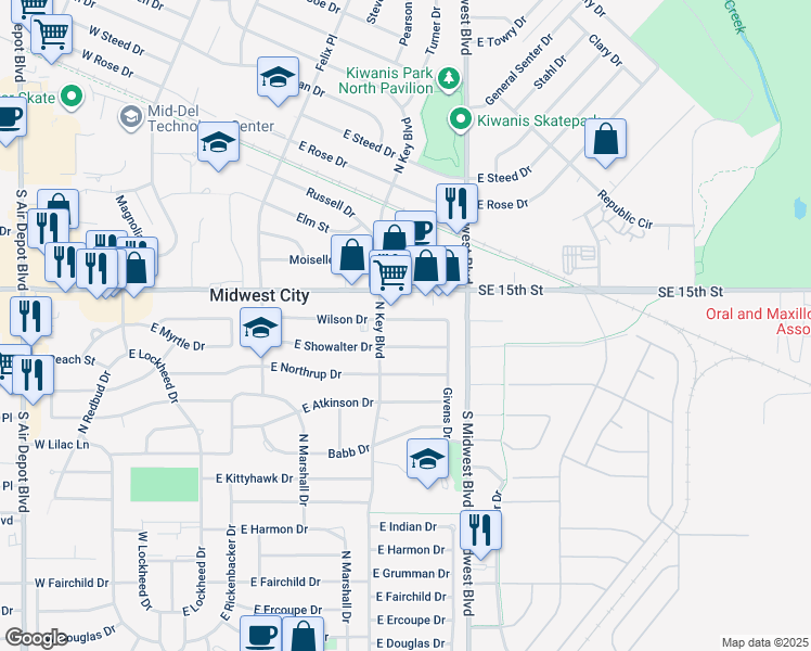 map of restaurants, bars, coffee shops, grocery stores, and more near 516 Wilson Drive in Midwest City