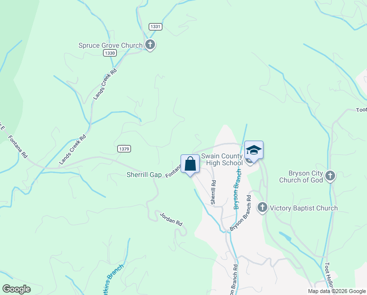 map of restaurants, bars, coffee shops, grocery stores, and more near 2074 Fontana Road in Bryson City