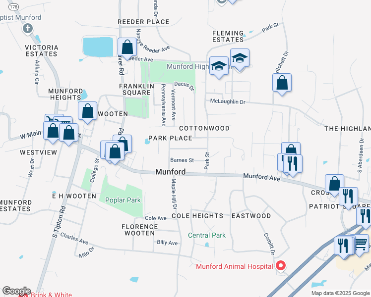 map of restaurants, bars, coffee shops, grocery stores, and more near 110 Connecticut Avenue in Munford