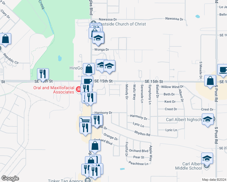 map of restaurants, bars, coffee shops, grocery stores, and more near 9132 Pepperdine in Midwest City