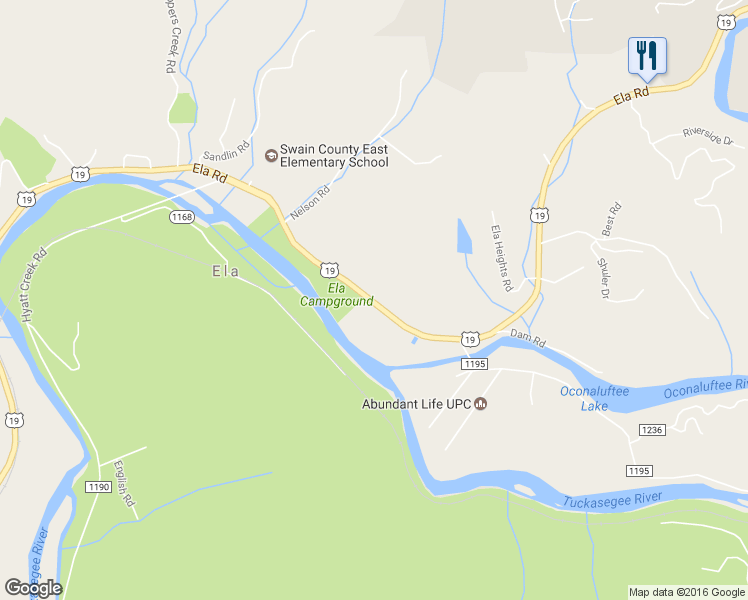 map of restaurants, bars, coffee shops, grocery stores, and more near 5121 Ela Road in Bryson City