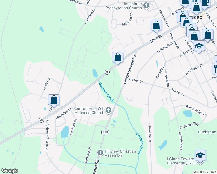 map of restaurants, bars, coffee shops, grocery stores, and more near 1201 Tramway Road in Sanford