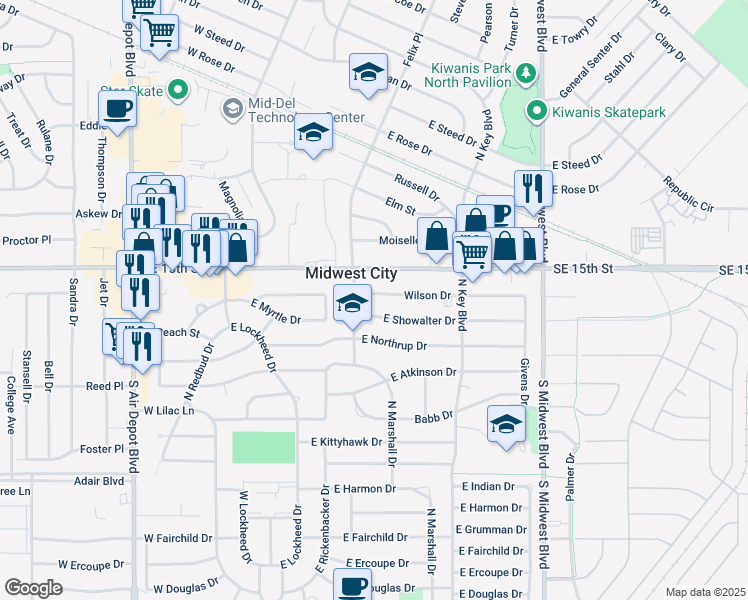 map of restaurants, bars, coffee shops, grocery stores, and more near 401 East Showalter Drive in Midwest City