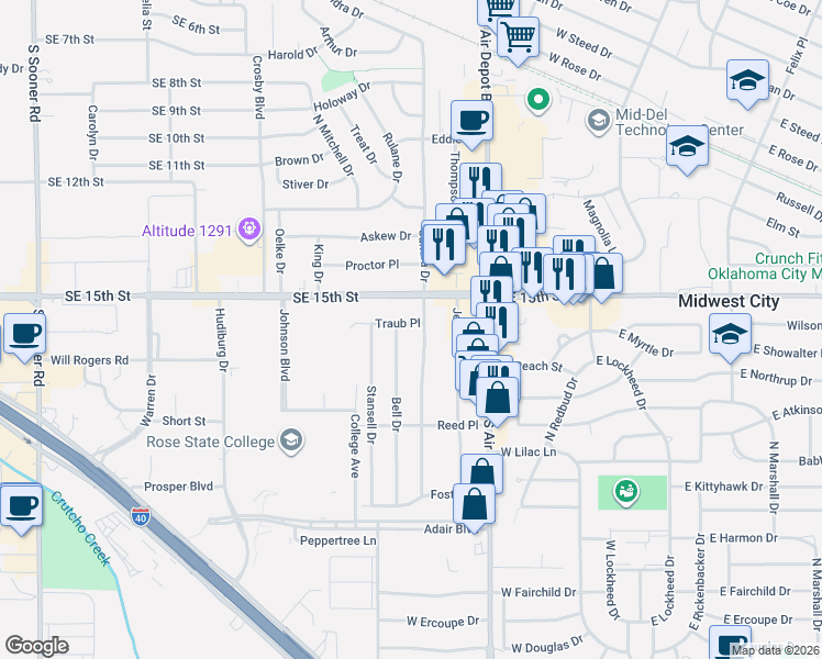 map of restaurants, bars, coffee shops, grocery stores, and more near 1122 Sandra Drive in Midwest City