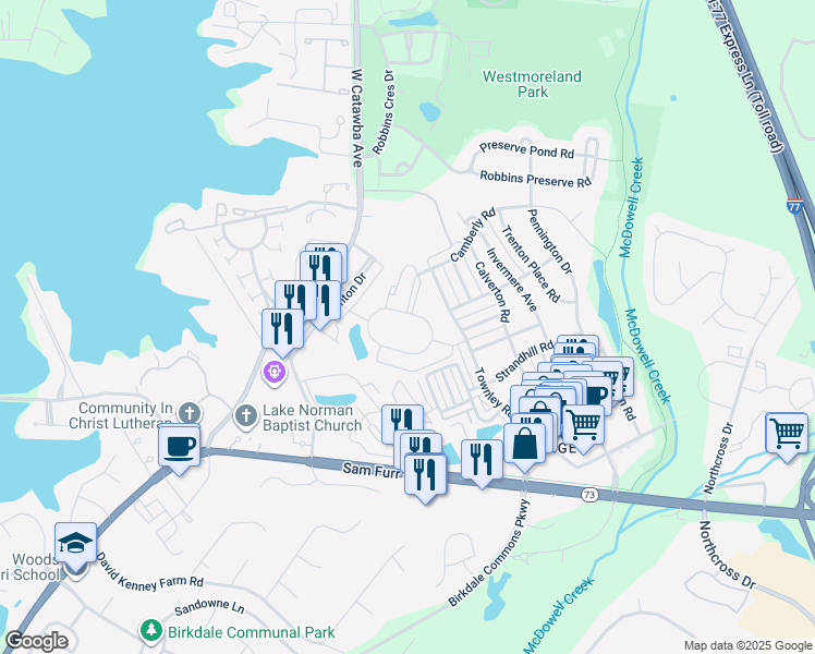 map of restaurants, bars, coffee shops, grocery stores, and more near 8301 Dunmore Drive in Huntersville