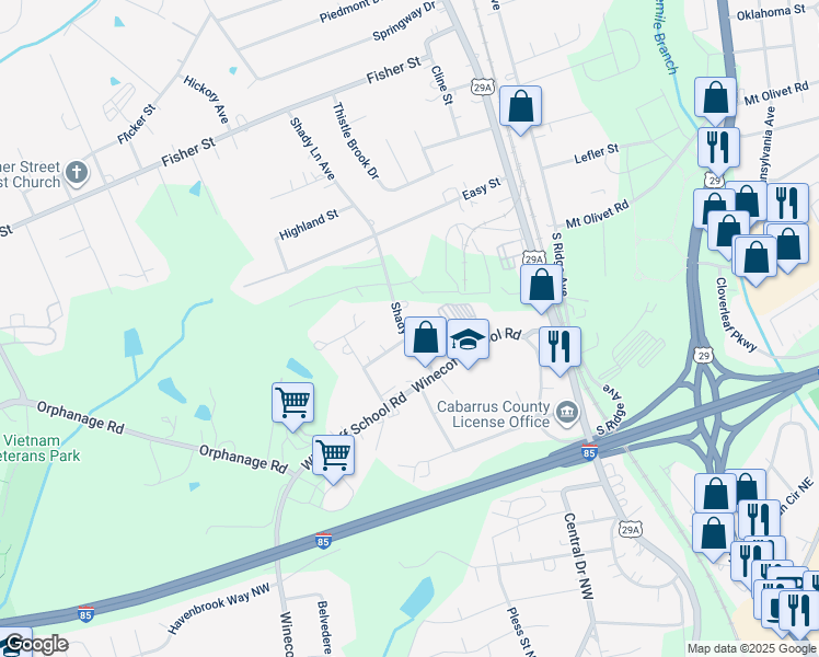 map of restaurants, bars, coffee shops, grocery stores, and more near 2895 Shady Lane Avenue in Concord