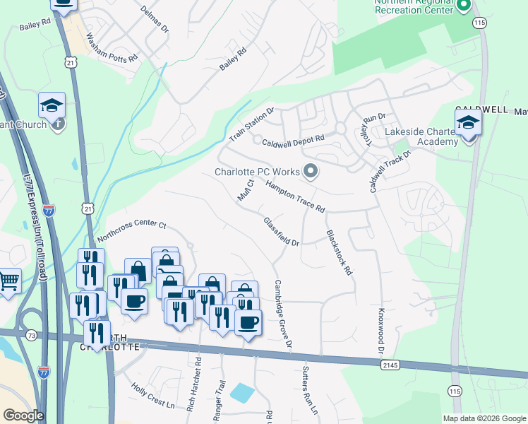 map of restaurants, bars, coffee shops, grocery stores, and more near 17211 Glassfield Drive in Huntersville