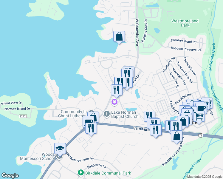 map of restaurants, bars, coffee shops, grocery stores, and more near 16930 West Catawba Avenue in Cornelius