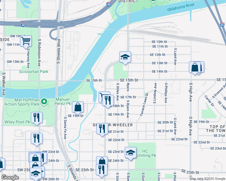map of restaurants, bars, coffee shops, grocery stores, and more near 315 Southeast 17th Street in Oklahoma City