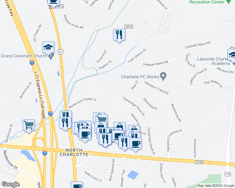 map of restaurants, bars, coffee shops, grocery stores, and more near 17435 Cambridge Grove Drive in Huntersville