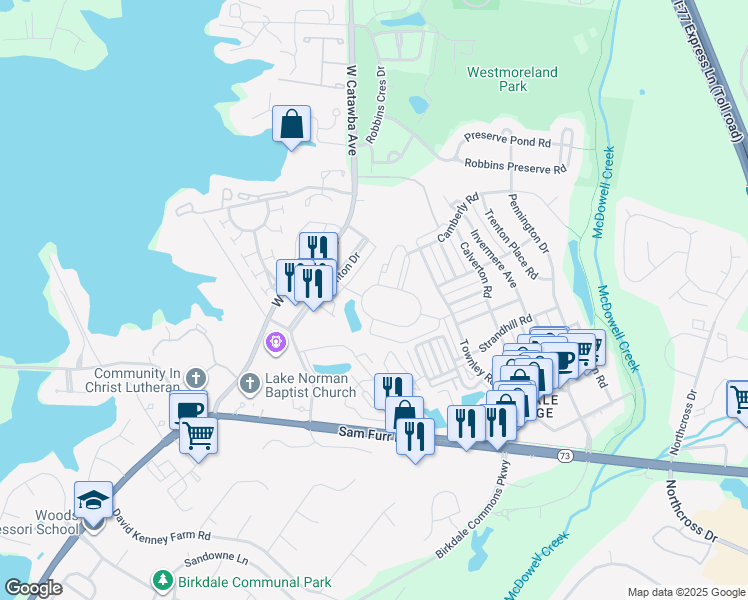 map of restaurants, bars, coffee shops, grocery stores, and more near 8121 Dunmore Drive in Huntersville