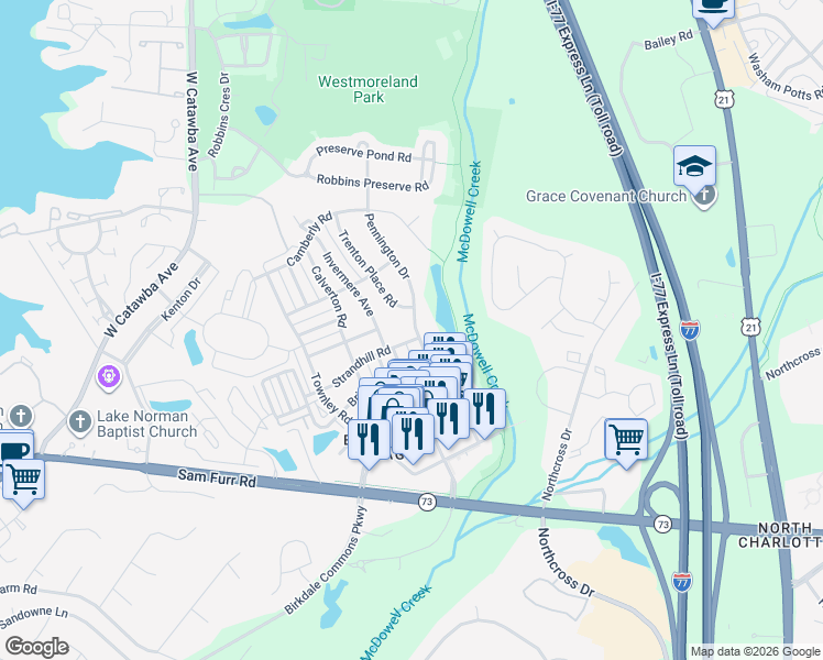 map of restaurants, bars, coffee shops, grocery stores, and more near 16925 Pennington Drive in Huntersville