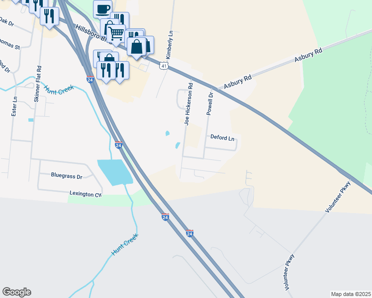 map of restaurants, bars, coffee shops, grocery stores, and more near 343 Joe Hickerson Road in Manchester