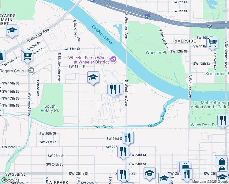 map of restaurants, bars, coffee shops, grocery stores, and more near 1701 South Western Avenue in Oklahoma City