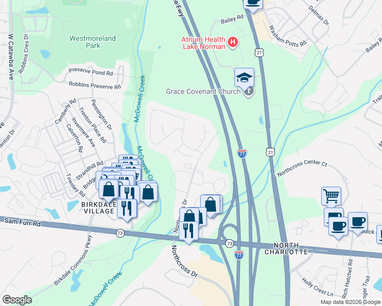 map of restaurants, bars, coffee shops, grocery stores, and more near 17101 Northcross Drive in Cornelius