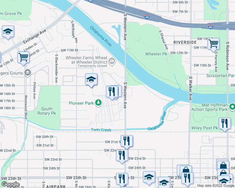 map of restaurants, bars, coffee shops, grocery stores, and more near 1701 South Western Avenue in Oklahoma City