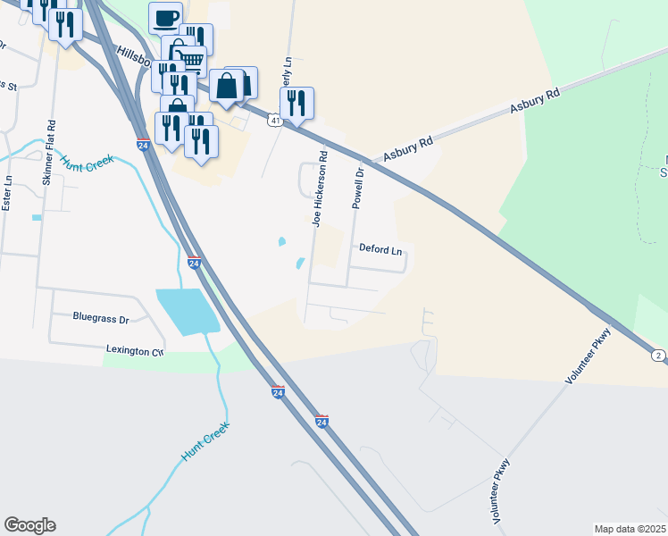 map of restaurants, bars, coffee shops, grocery stores, and more near 343 Joe Hickerson Road in Manchester