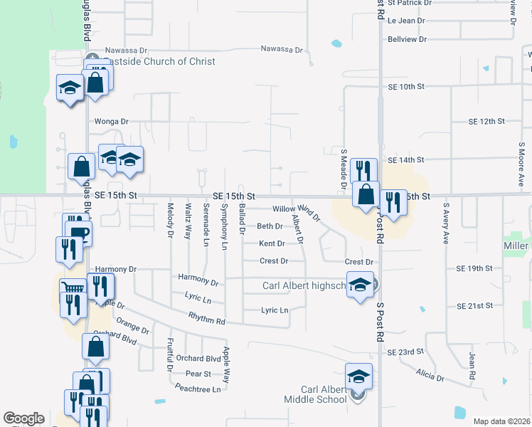 map of restaurants, bars, coffee shops, grocery stores, and more near 9617 Willow Wind Drive in Midwest City
