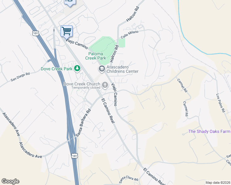 map of restaurants, bars, coffee shops, grocery stores, and more near 9350 Santa Barbara Road in Atascadero