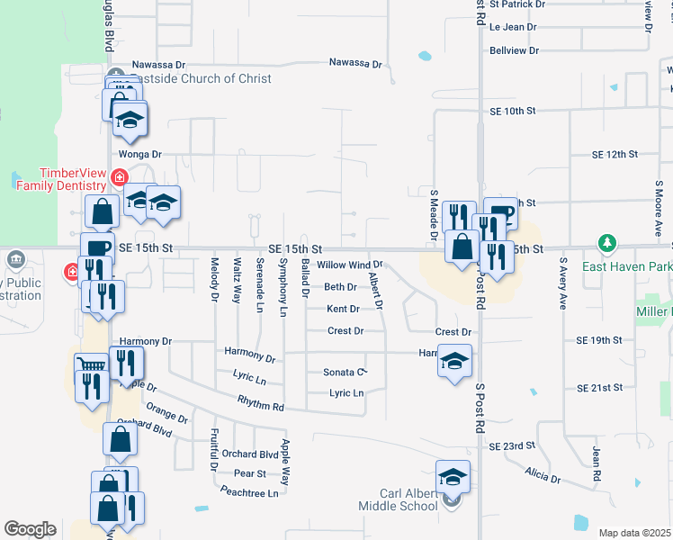 map of restaurants, bars, coffee shops, grocery stores, and more near 9620 Willow Wind Drive in Midwest City