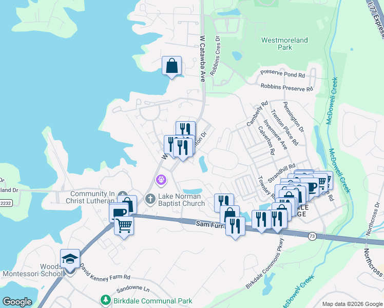 map of restaurants, bars, coffee shops, grocery stores, and more near 17110 Kenton Drive in Cornelius