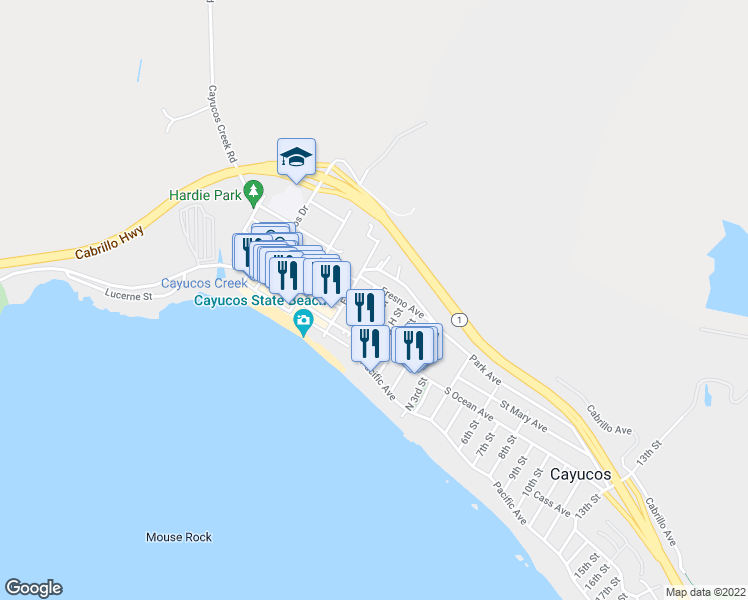 map of restaurants, bars, coffee shops, grocery stores, and more near 184 F Street in Cayucos