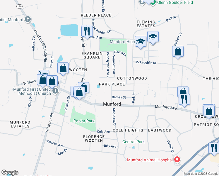 map of restaurants, bars, coffee shops, grocery stores, and more near 39 Chance Street in Munford