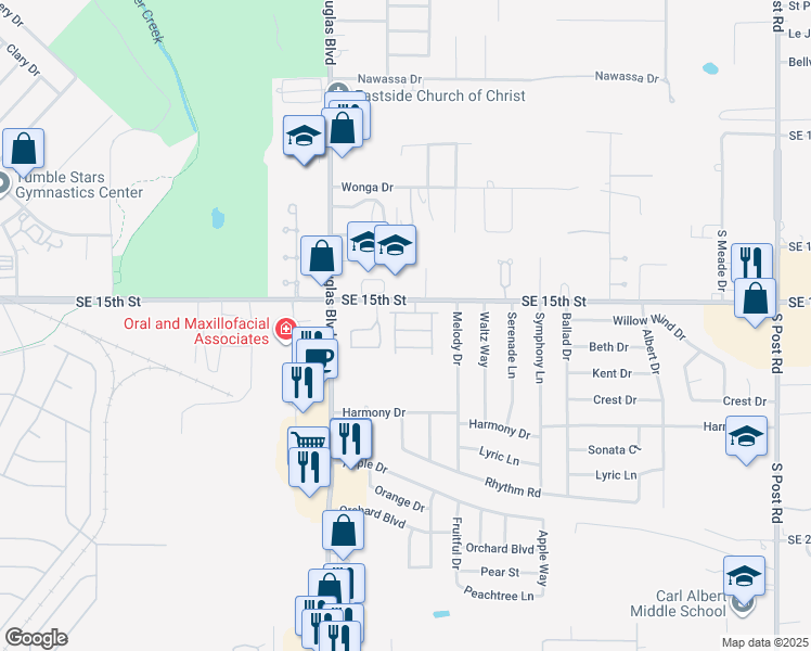 map of restaurants, bars, coffee shops, grocery stores, and more near 9117 Stonegate in Midwest City