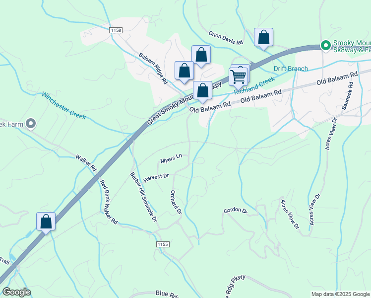 map of restaurants, bars, coffee shops, grocery stores, and more near J J and J Farm Road in Waynesville