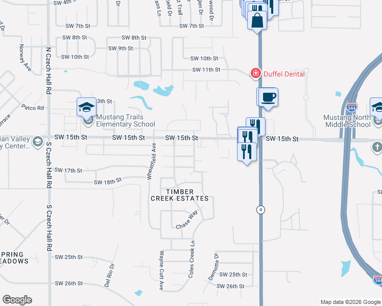 map of restaurants, bars, coffee shops, grocery stores, and more near 11713 Southwest 16th Street in Yukon