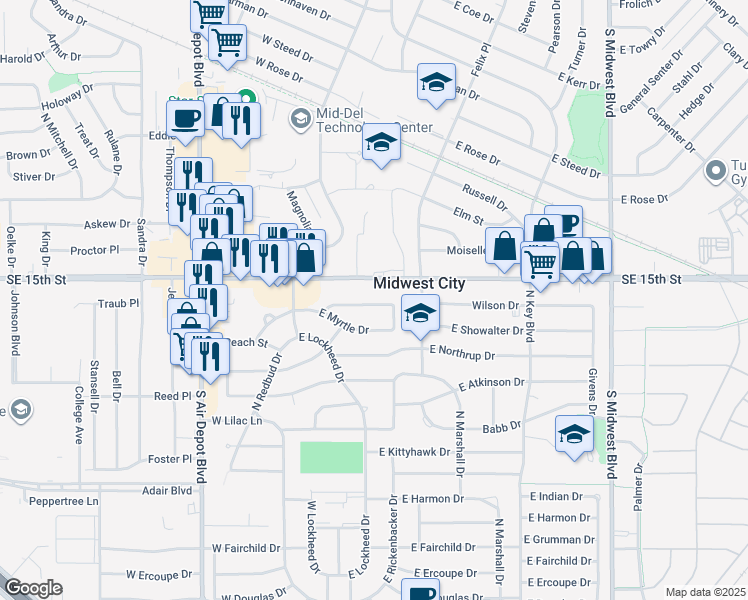 map of restaurants, bars, coffee shops, grocery stores, and more near 223 East Myrtle Lane in Midwest City