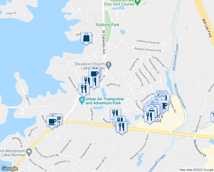 map of restaurants, bars, coffee shops, grocery stores, and more near 8415 Dunmore Drive in Huntersville