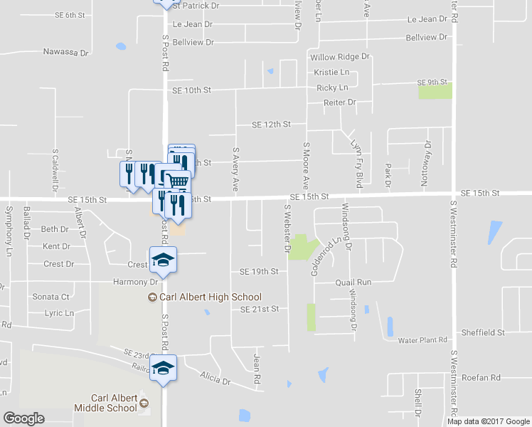 map of restaurants, bars, coffee shops, grocery stores, and more near 1612 Haven Drive in Midwest City