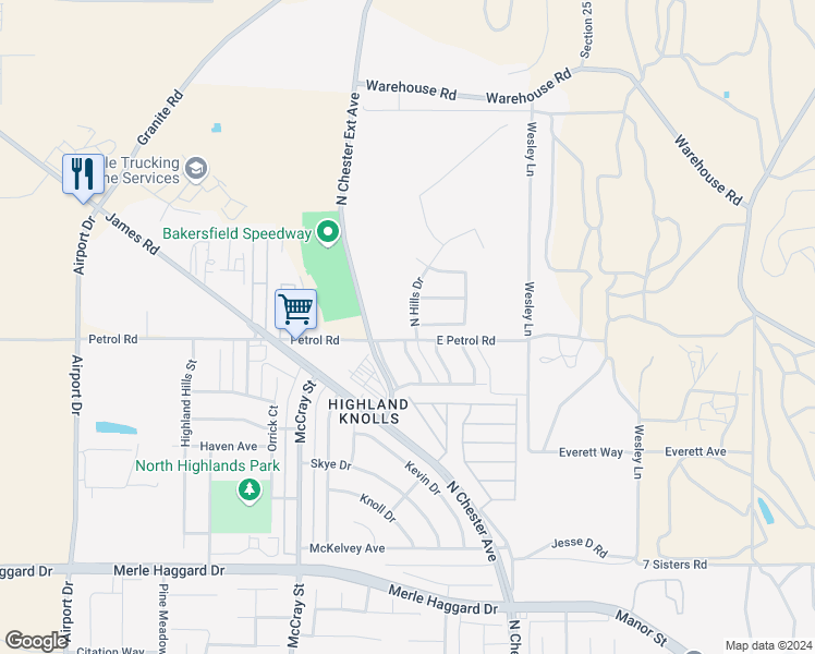 map of restaurants, bars, coffee shops, grocery stores, and more near 4709 North Hills Drive in Bakersfield