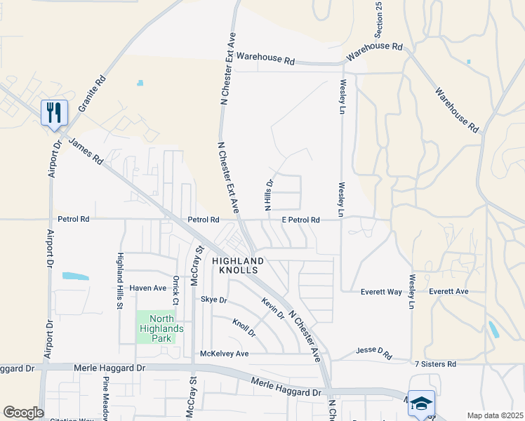 map of restaurants, bars, coffee shops, grocery stores, and more near 4709 North Hills Drive in Bakersfield
