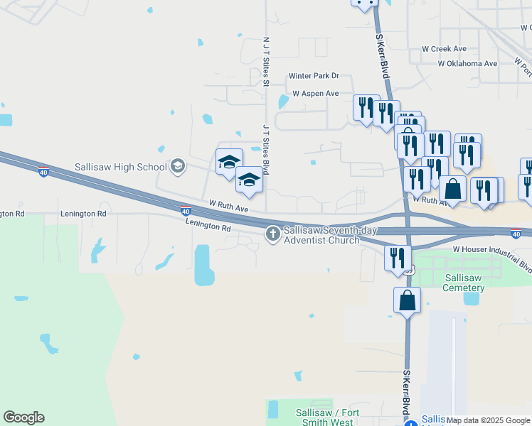 map of restaurants, bars, coffee shops, grocery stores, and more near 2301 West Ruth Avenue in Sallisaw