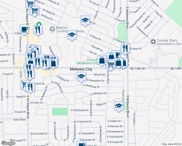 map of restaurants, bars, coffee shops, grocery stores, and more near 401 Wilson Drive in Midwest City