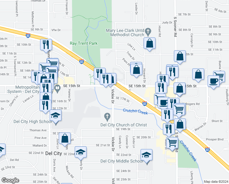 map of restaurants, bars, coffee shops, grocery stores, and more near 1612 Vickie Drive in Del City