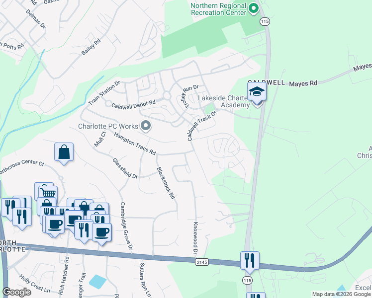 map of restaurants, bars, coffee shops, grocery stores, and more near 16800 Laureate Road in Huntersville